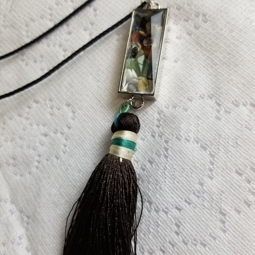 Long cord necklace 15'', black with tassel pend.
